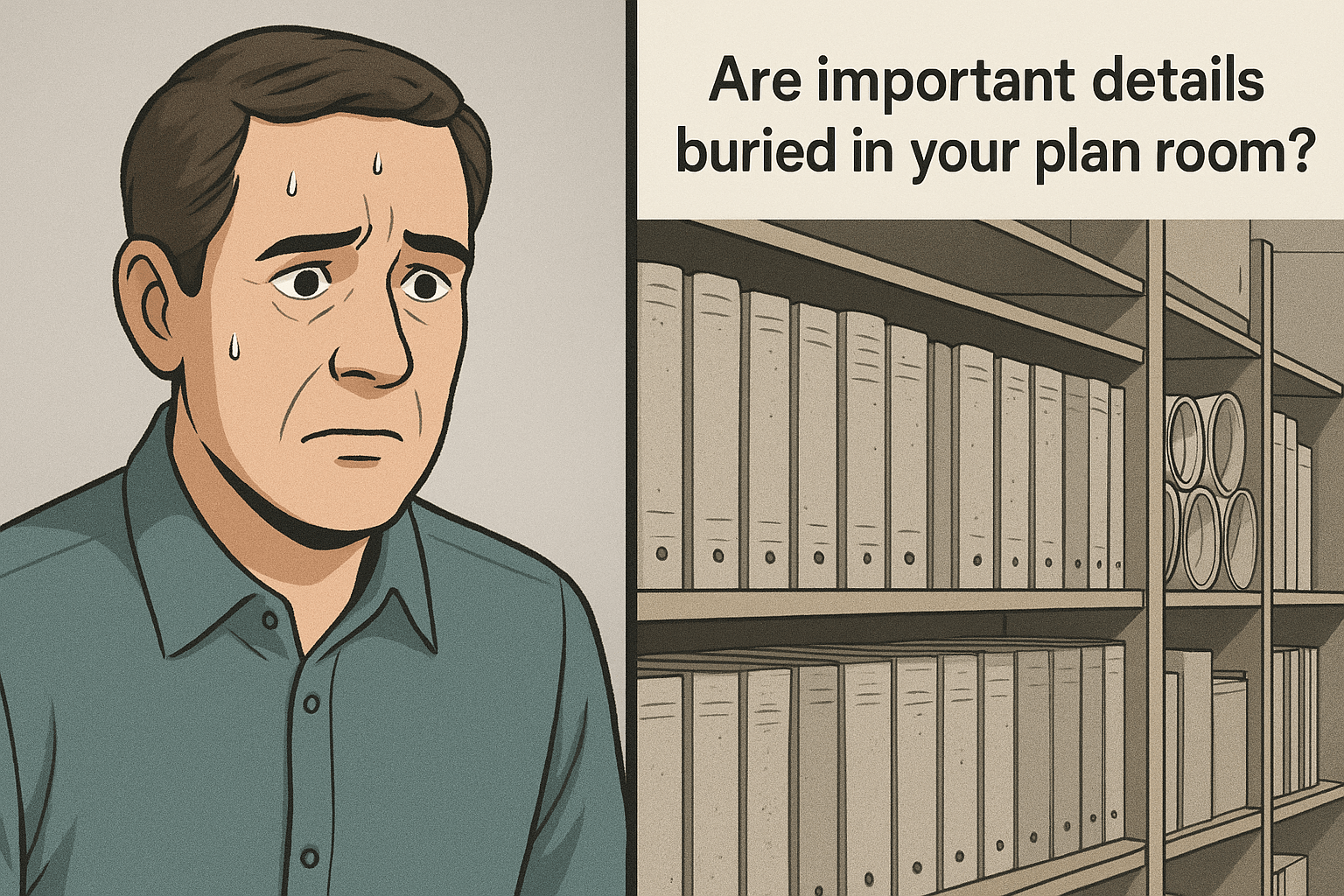 Doug in the plan room, shelves of dusty binders and a close-up of his anxious face